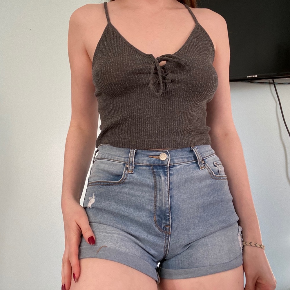 Grey Tie-Up Crop Top